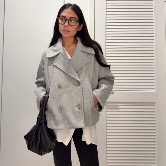 Streetwear Society Jackets & Blazers - Streetwear Society Light Gray Double-Breasted Wool Peacoat